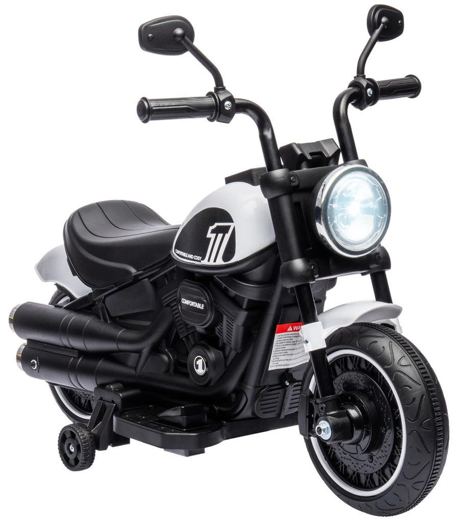 HOMCOM Motocicleta Elétrica para Crianças de 18-36 Meses Motocicleta Elétrica Infantil com Bateria 6v Farol e Rodas Auxiliares Removíveis Carga 25 kg 76x42x57 cm Branca