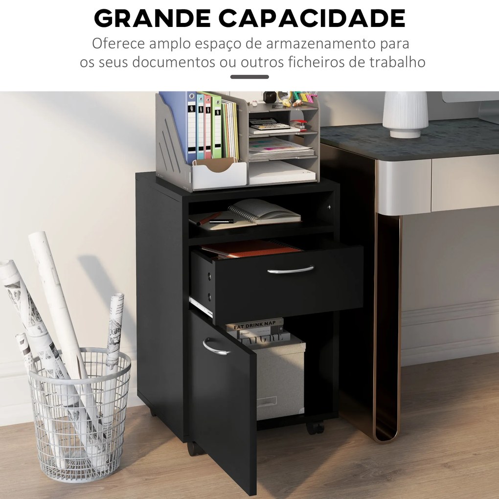 Bloco de Gavetas de Escritório com Armário e Gaveta Móvel Arquivador com Rodas Suporte para Impressora 40x35x60 cm Preto