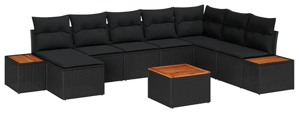 Conjunto de Sofá para Jardim com 9 Peças com Almofadas Preto Vime Acác