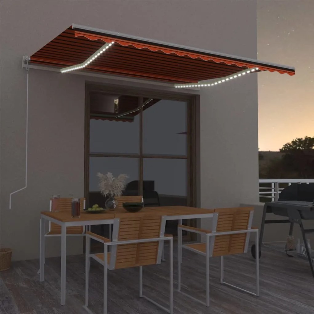 Toldo autom. LED e sensor de vento 400x300 cm laranja/castanho