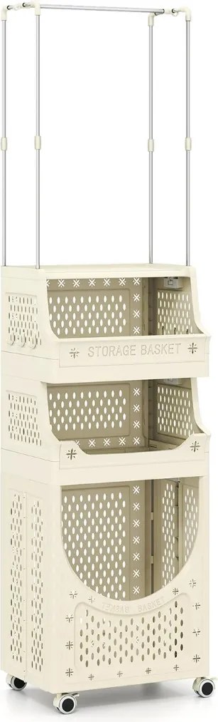 Carrinho para roupa suja 40 x 30 x 158 cm de 4 níveis com barra para pendurar com 2 cestos 8 ganchos bege
