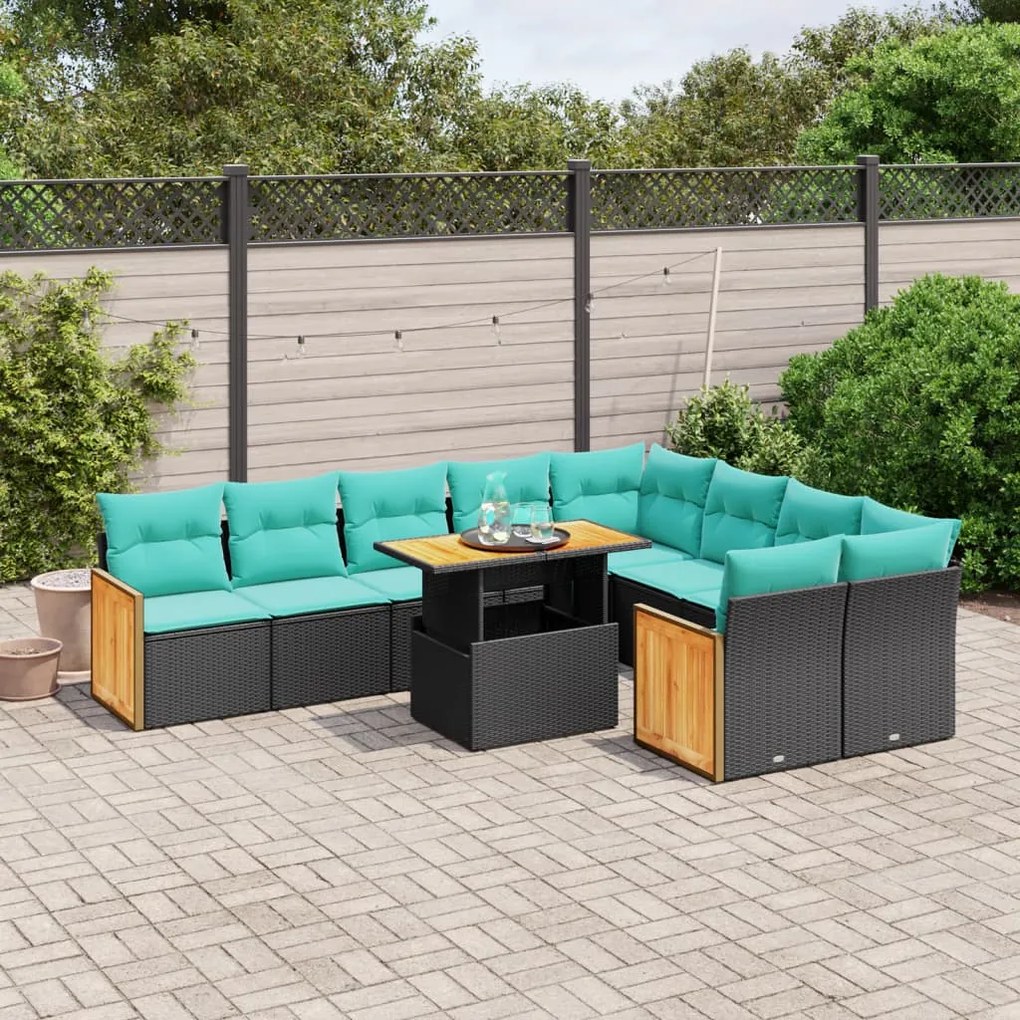 vidaXL 10 pcs conjunto de sofás p/ jardim c/ almofadões vime PE preto