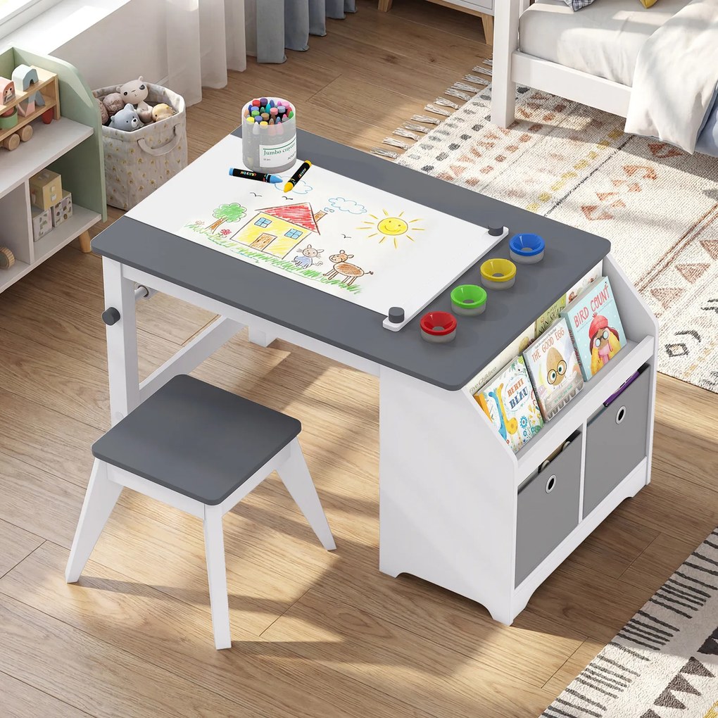 Conjunto de Mesa de Arte Infantil e Banco, 91 x 54 x 49,5 cm, Com Rolo de Desenho, Cinzento + Branco