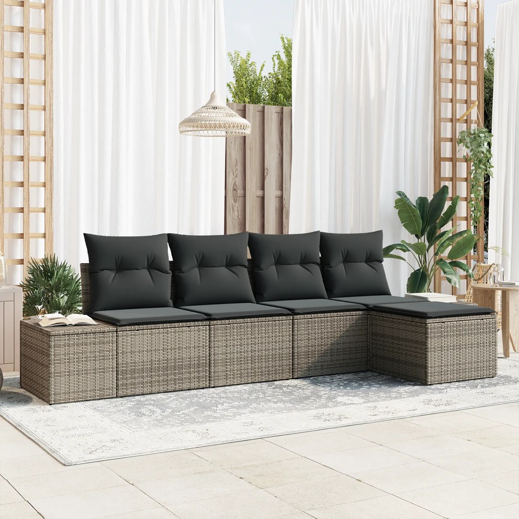 Conjunto de Sofá de 5 peças com Almofadas Cinzas em Rattan Polimérico