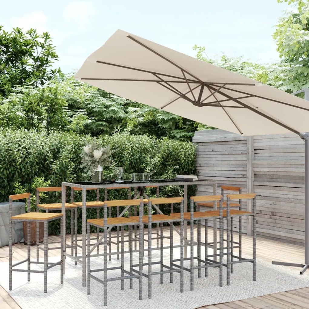 vidaXL 11 pcs conjunto de bar p/ jardim vime PE/acácia maciça cinzento