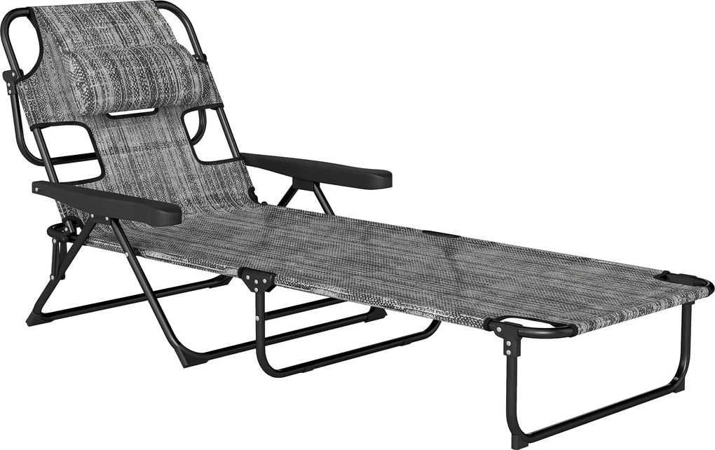 Outsunny Espreguiçadeira de Praia Dobrável Jardim Encosto Ajustável 4 Níveis Orifício Leitura Almofada Confortável 194x72x31 cm Cinza | Aosom Portugal
