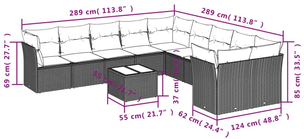 11 pcs conjunto sofás de jardim c/ almofadões vime PE castanho