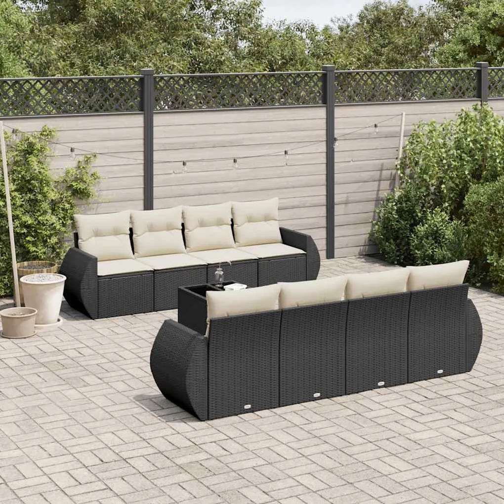 9 pcs conjunto de sofás p/ jardim c/ almofadões vime PE preto