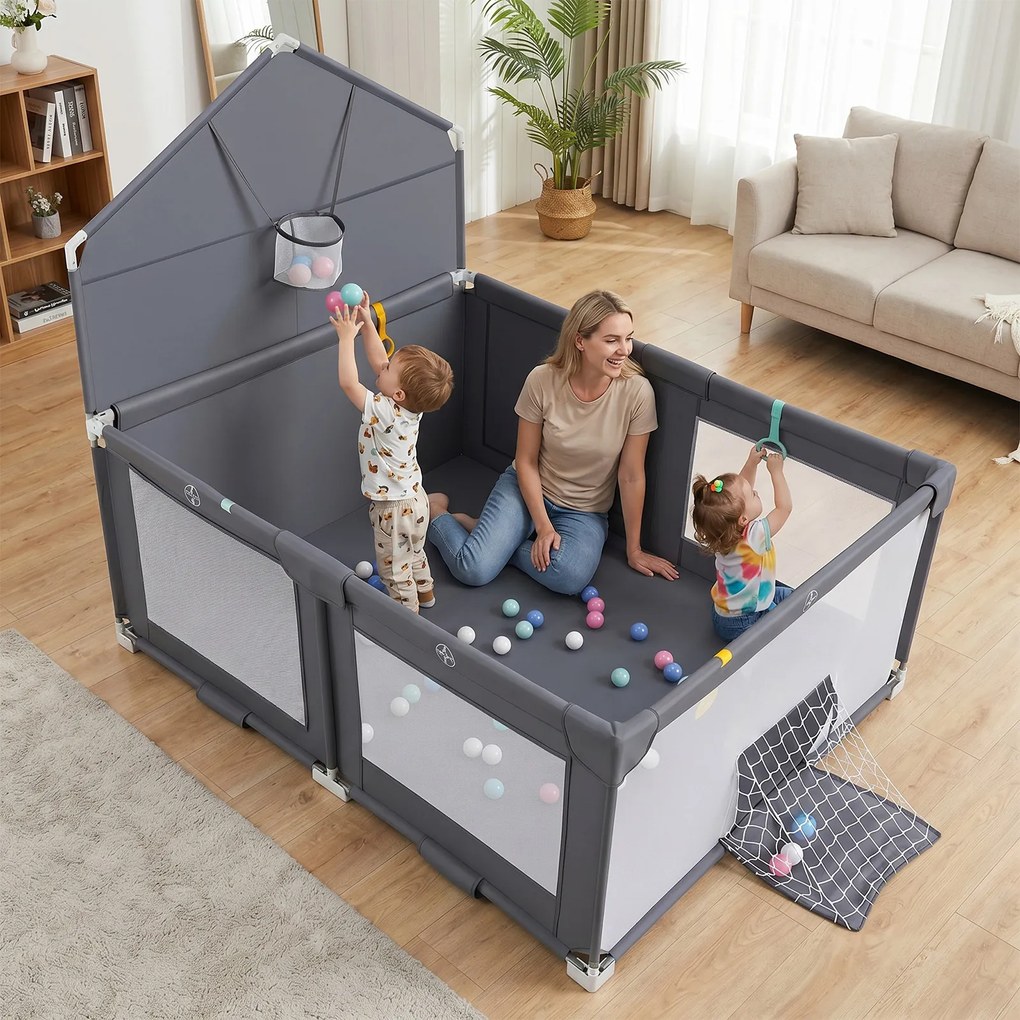 Parque Infantil Dobrável, 223 x 150 x 163 cm, Estrutura Metálica Reforçada, Cinzento-escuro