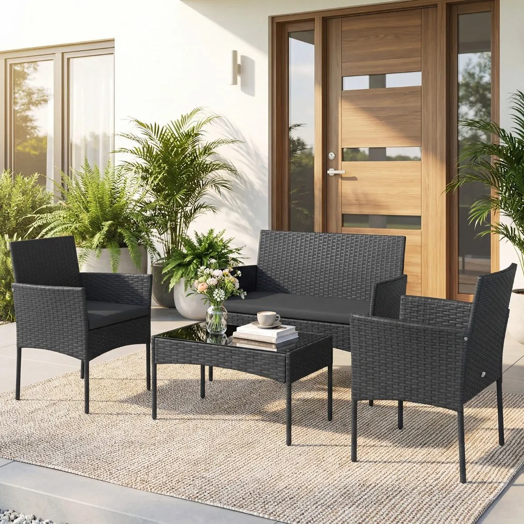 Conjunto de jardim em rattan de 4 peças, com 2 poltronas, sofá de 2 lugares, mesa auxiliar e almofadas de espuma, para alpendre, pátio ou terraço, Pre