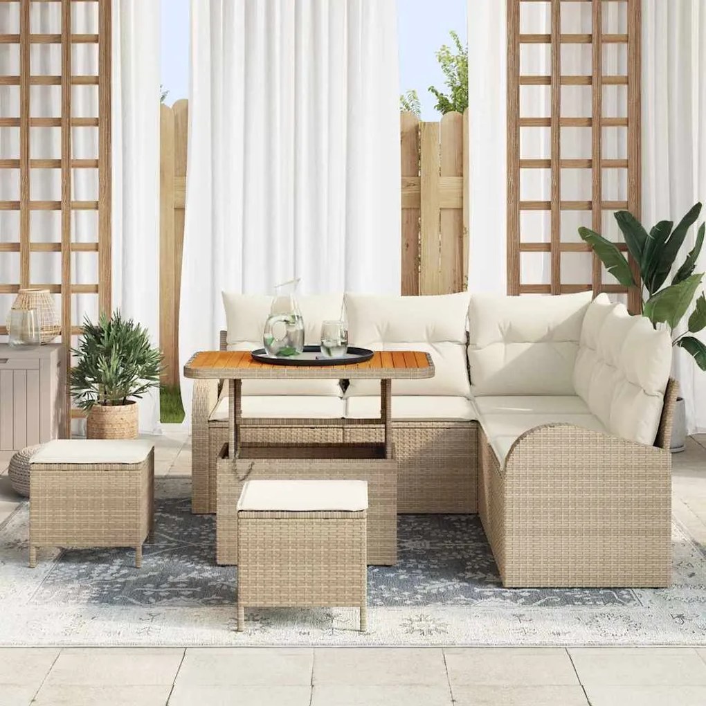 Conjunto de sofá de jardim de 8 peças com almofadas bege em poli-ratta