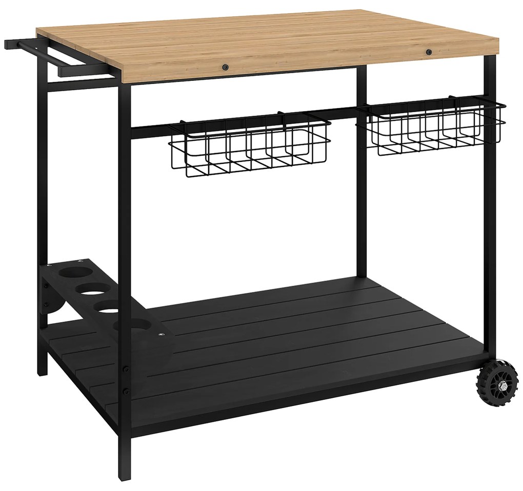 Outsunny Carrinho Auxiliar com Rodas de Madeira com 2 Prateleiras 2 Cestas Metálicas e Suportes para Garrafas  97,5x65x81 cm Madeira e Preto | Aosom Portugal