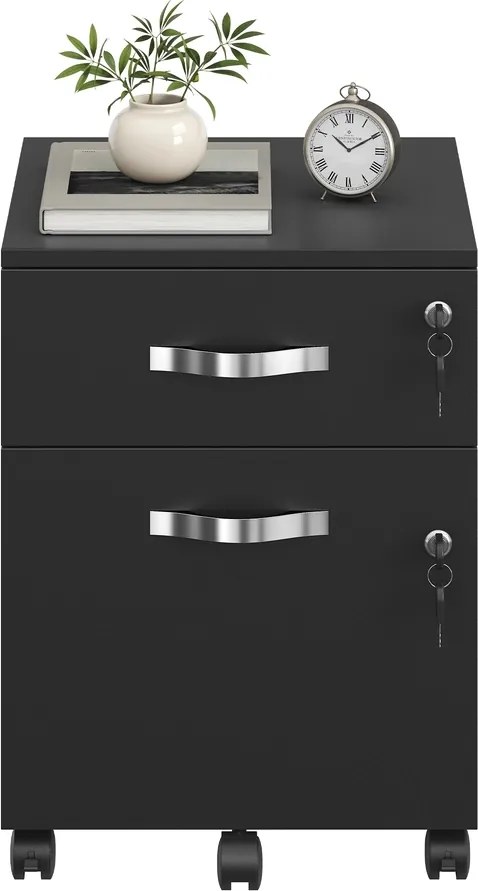 Bloco de gavetas escritório com rodas 43,8 x 40 x 54,4 cm, com fechadura, arquivo com 2 gavetas preto
