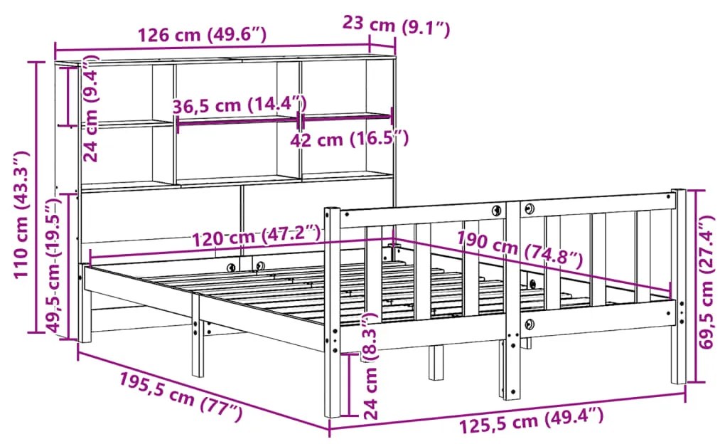 Cama com estante sem colchão 120x190 cm pinho maciço
