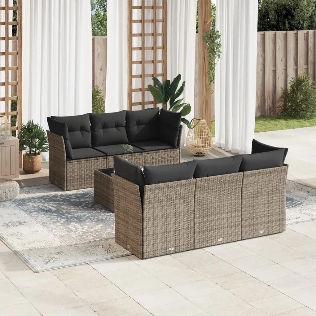 7 pcs conjunto sofás p/ jardim c/ almofadões vime PE cinzento