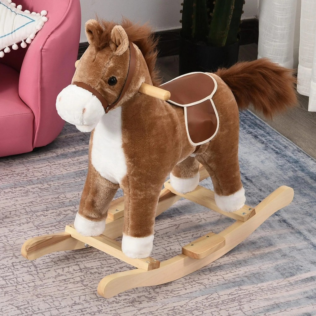 Cavalo Baloiço para Crianças Cavalo Baloiço de Pelúcia Suave com Música Relinchos Sons de Galope Boca e Cauda Móveis 65x32,5x61 cm Castanho