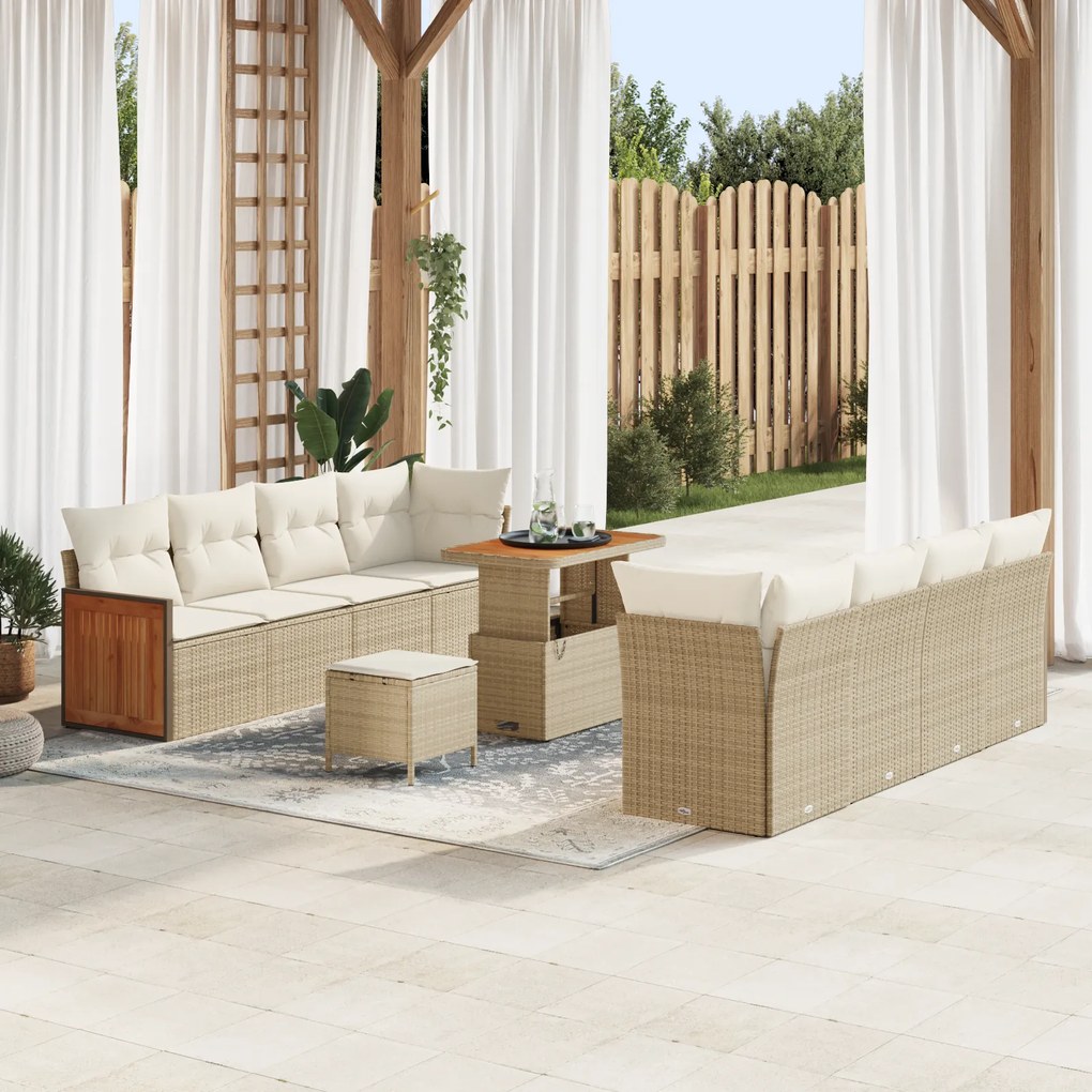 Conjunto de Sofá de Jardim vidaXL com 11 Peças e Almofadas Bege Vime Sintético Acácia
