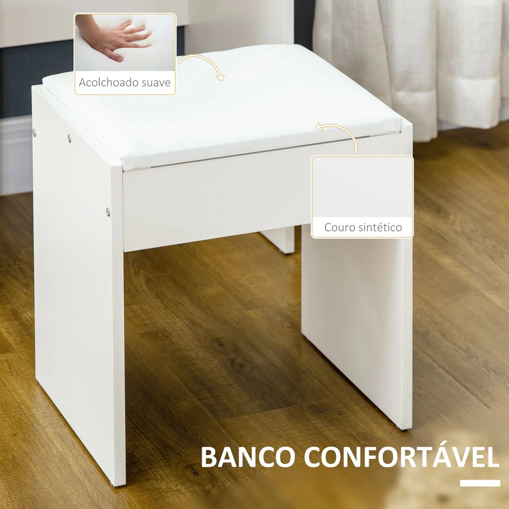 Toucador de Maquilhagem com Banco e Espelho Mesa de Maquilhagem com 4 Gavetas 4 Compartimentos de Armazenamento Estilo Moderno 80x38x143cm Branco