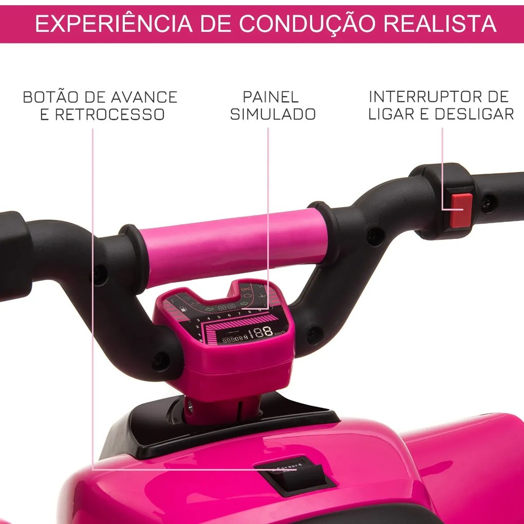 Moto 4 Elétrico para Crianças de 18-36 Meses Quadriciclo a Bateria 6V com Avance e Retrocesso 72x40x45,5cm Rosa