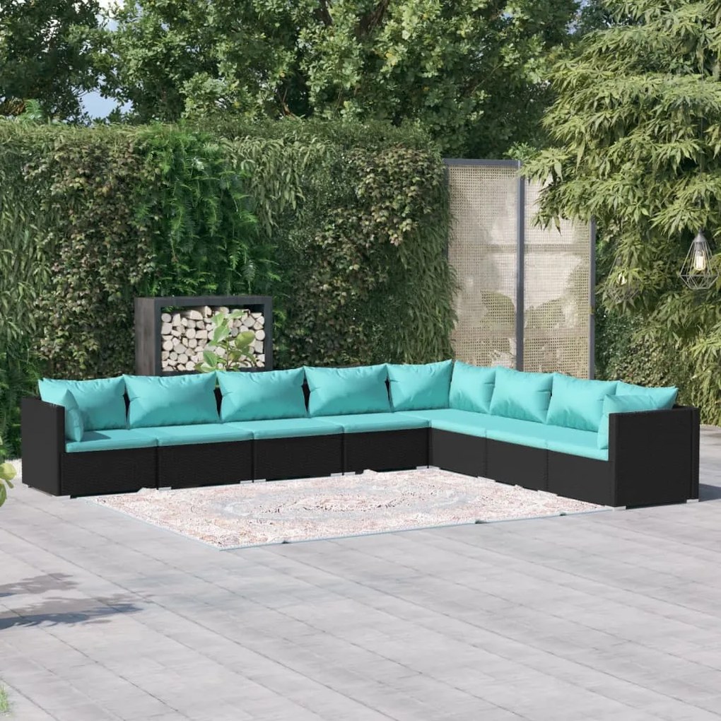 8 pcs conjunto lounge de jardim c/ almofadões vime PE preto