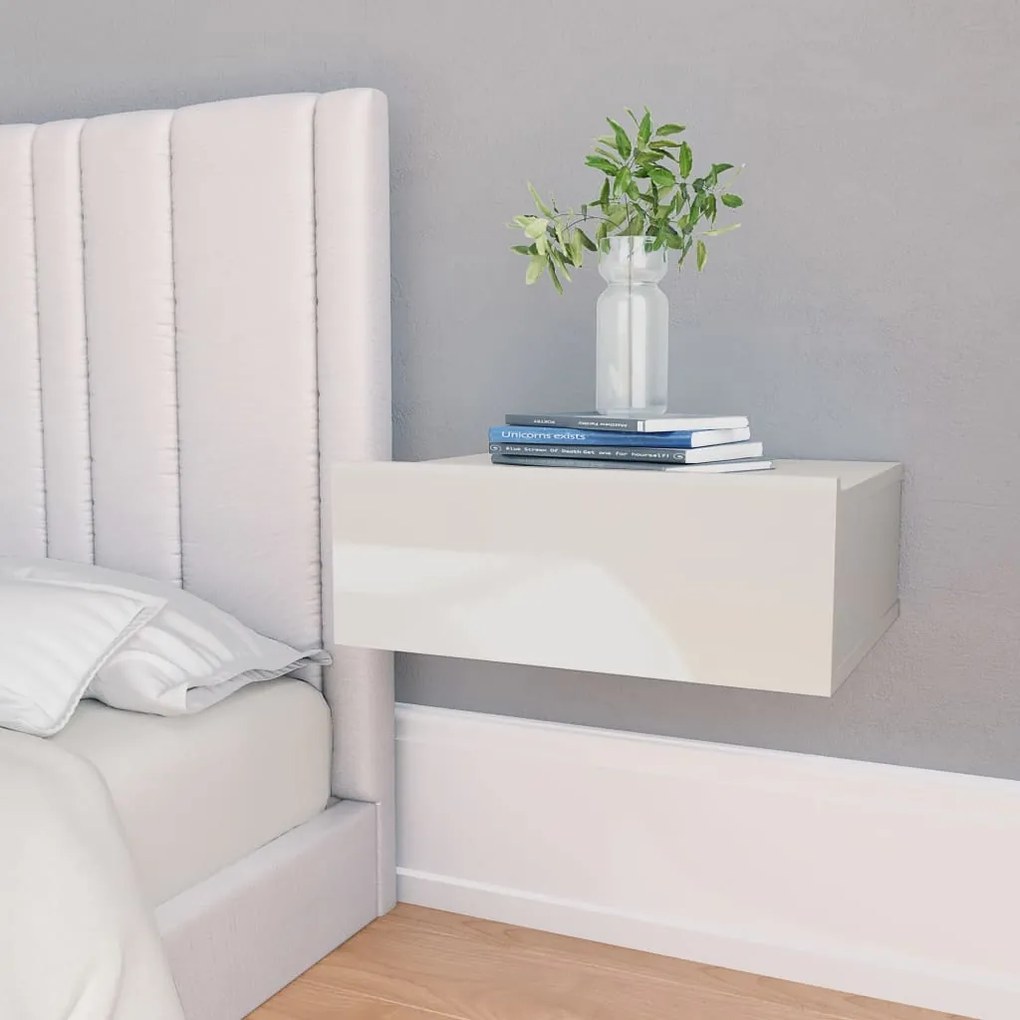 800319 vidaXL Mesa de cabeceira suspensa 2 pcs 40x30x15 cm branco brilhante