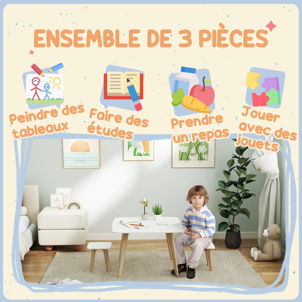 Conjunto de 1 mesa e 2 cadeiras para crianças, mobiliário versátil para o quarto ou sala de jogos, 3-8 anos branco