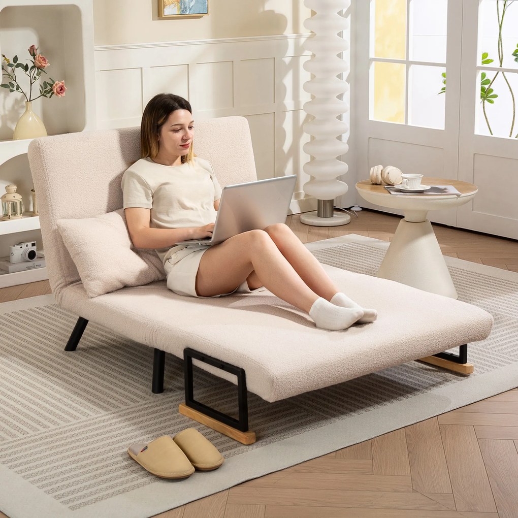 Sofá Cama Sofá Convertível em Cama de 2 Lugares Dobrável com Encosto Ajustável em 5 Níveis e 2 Almofadas 102x73x81 cm Bege