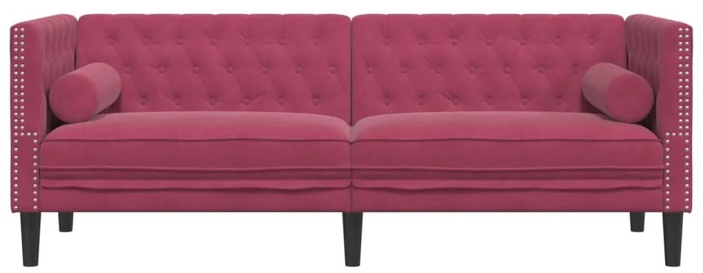 Sofá chesterfield com rolos 3 lugares veludo vermelho tinto