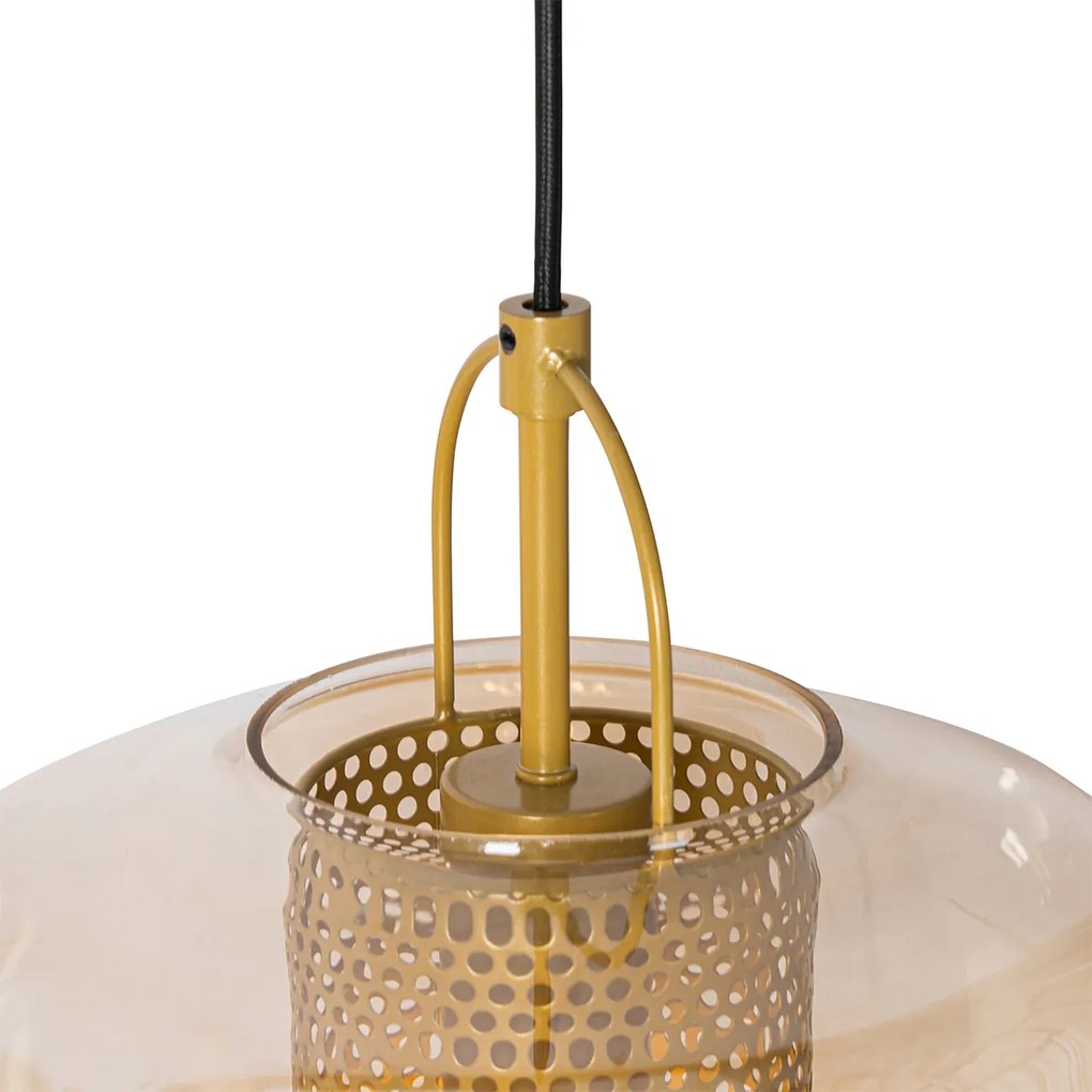 Candeeiro de suspensão dourado com vidro âmbar 30 cm oblongo 3 luzes - Kevin Art Deco