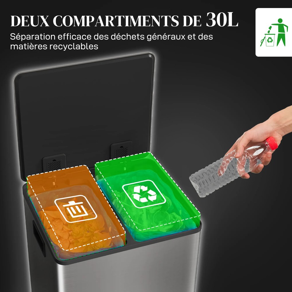 Caixote do lixo de cozinha com 2 compartimentos de 2 x 20 L, com pedal, em aço inoxidável, tampa com fecho suave