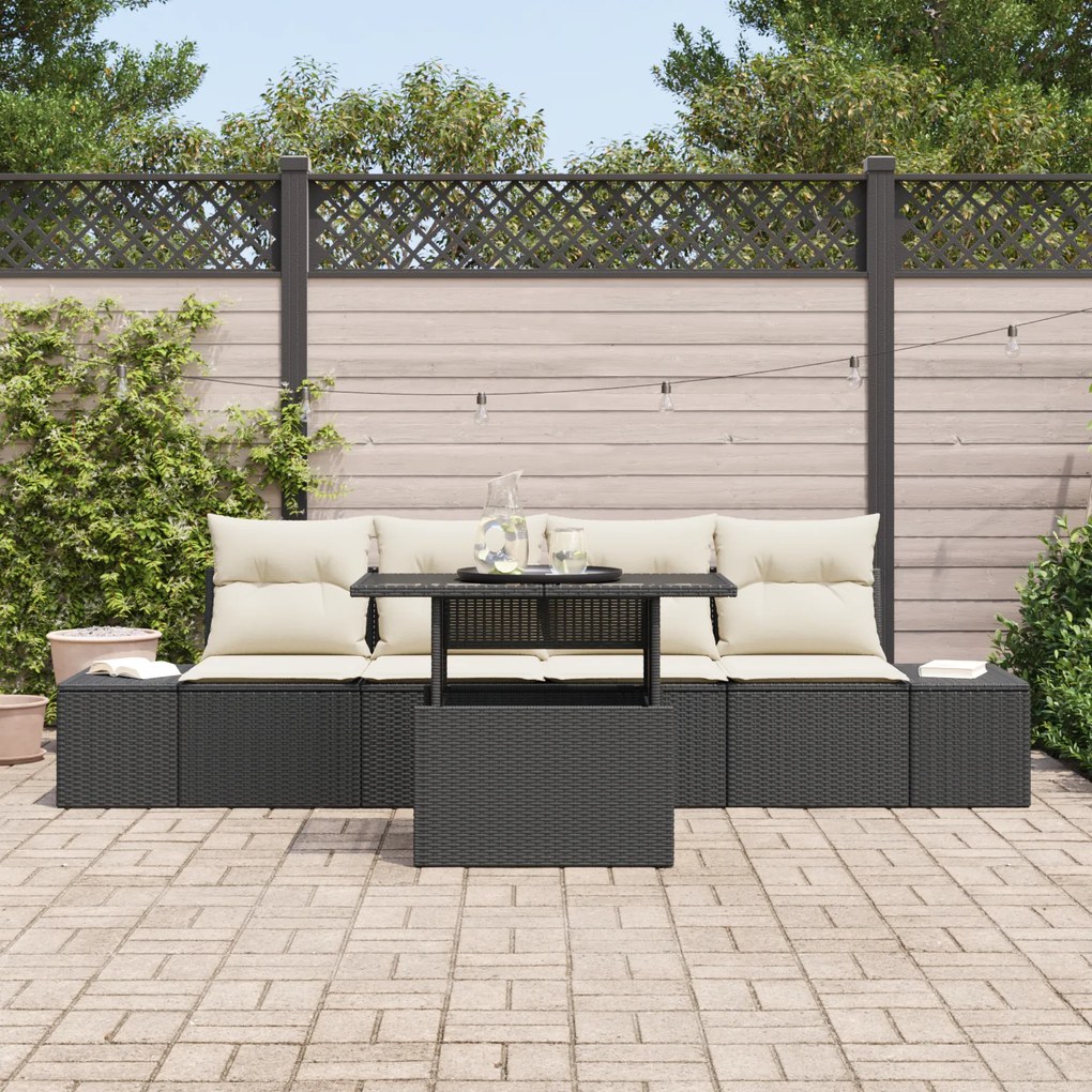 Conjunto de Sofá de Jardim 5 Peças com Almofadas Preto Rattan PE