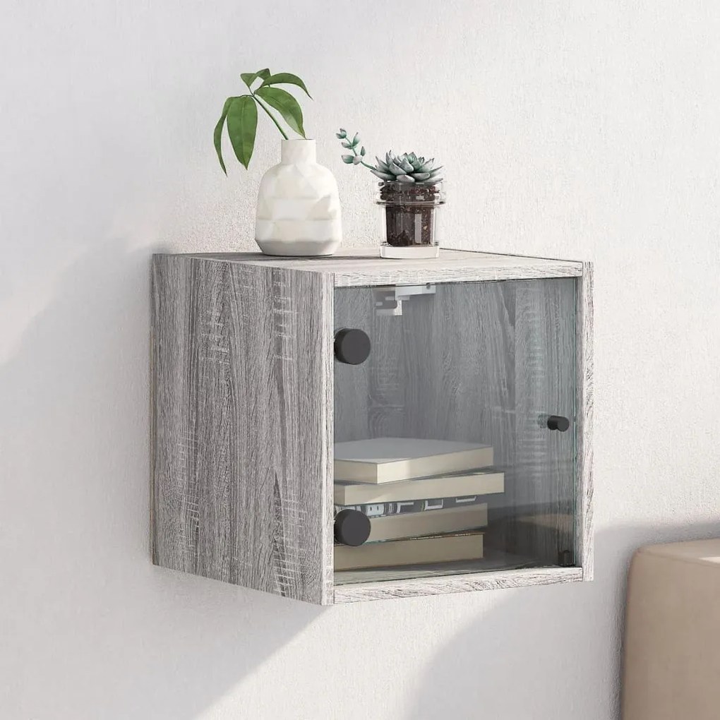 vidaXL Mesa de cabeceira c/ porta de vidro 35x37x35 cm cinzento sonoma