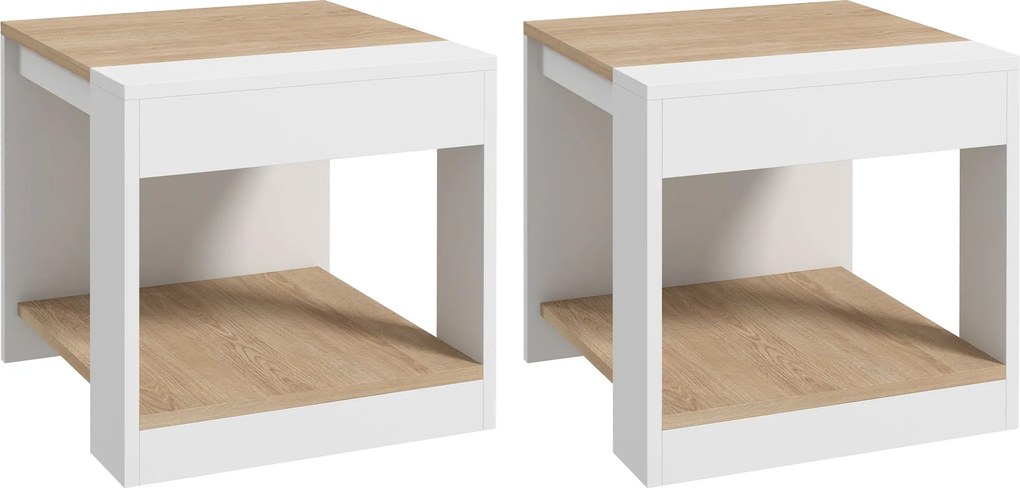 Conjunto de 2 mesas auxiliares (mesa de canto do sofá e mesa de cabeceira) 40 x 40 x 45 cm - branco e natural