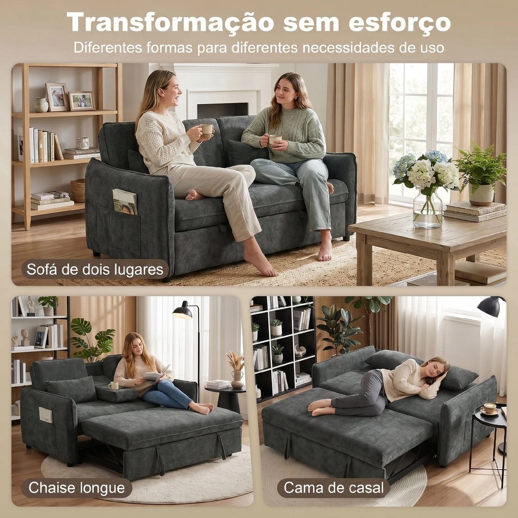 Sofá-Cama 2 Lugares 3 em 1 com Mesa Auxiliar Porta-Copos Encosto Ajustável Bolsos Laterais 2 Almofadas Cinzento Escuro