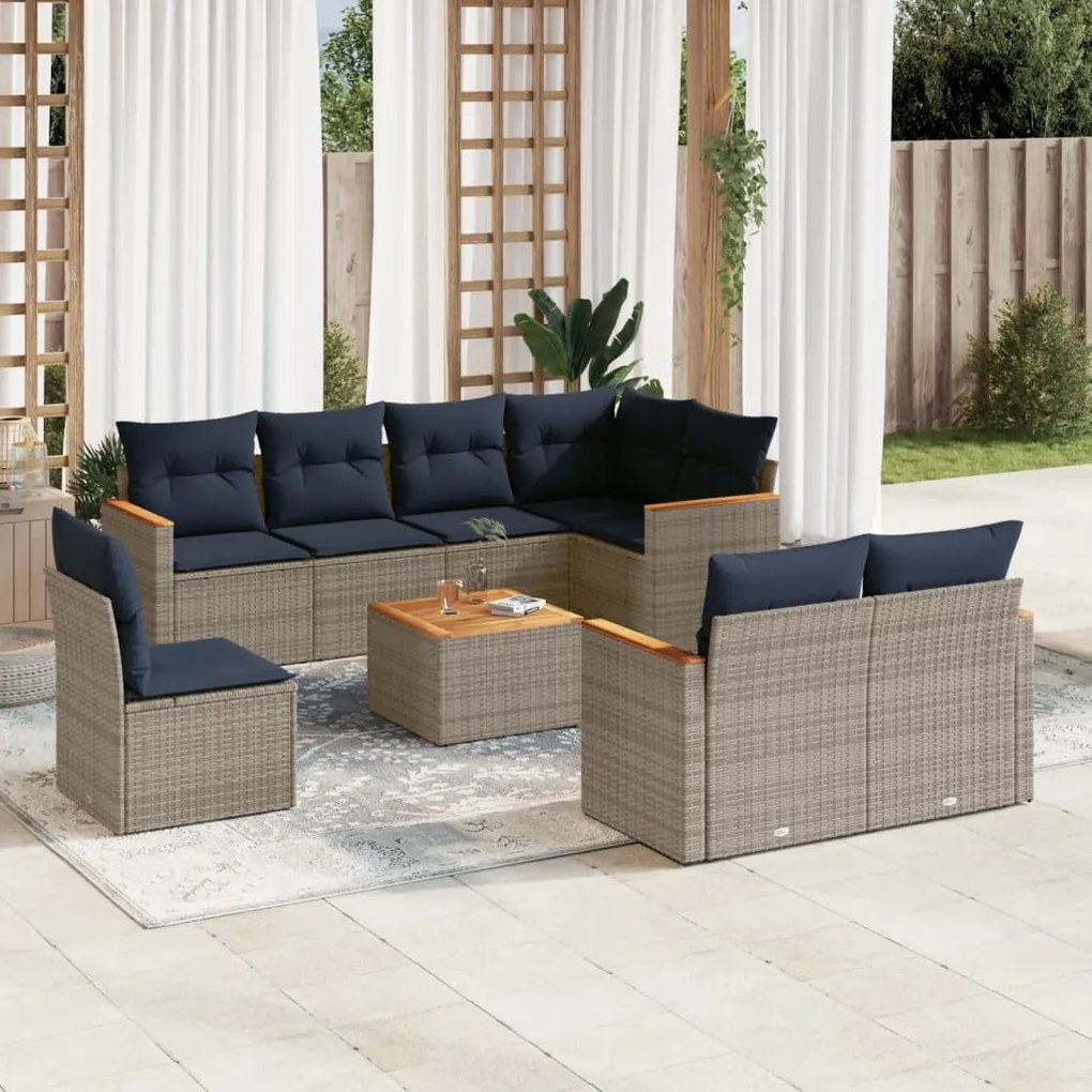 vidaXL 9 pcs conjunto sofás p/ jardim c/ almofadões vime PE cinzento