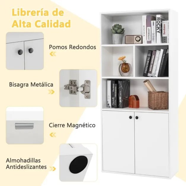Estante de 5 níveis 70 x 29,5 x 155 cm com portas duplas, cubos abertos e prateleira ajustável 155 cm para sala, quarto, escritório Branco