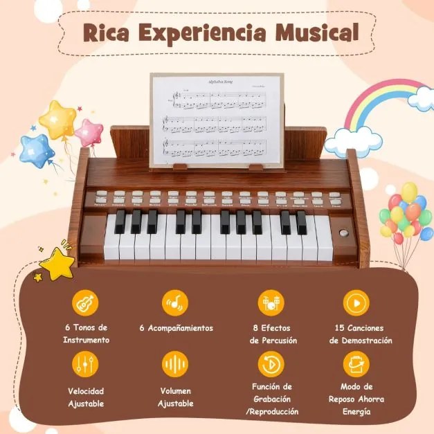 Teclado de piano para crianças 38 x 23 x 27 cm com 25 teclas digital em madeira com velocidade e volume ajustáveis Modo de ensino Castanho