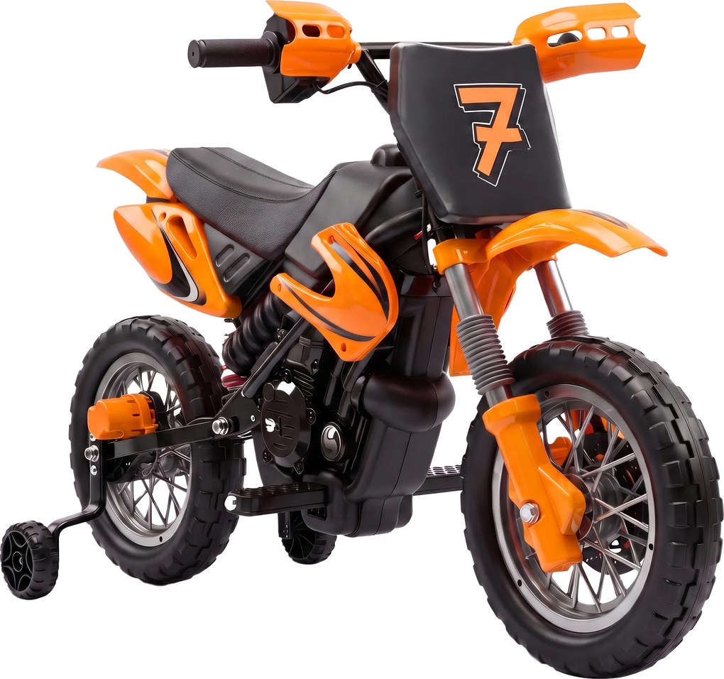 AIYAPLAY Moto Elétrica Infantil 12V com 2 Rodas Auxiliares Removíveis, 2 Motores, Suspensão Traseira, Música, 3 km/h, 3-6 Anos, Laranja | Aosom Portugal