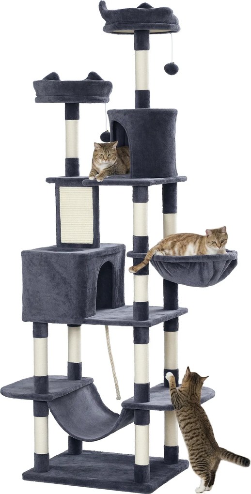 Arranhador para gatos de 206 cm, torre de brincadeiras para gatos em pelúcia com vários níveis, ideal para 1 a 3 gatos, 60 x 50 x 206 cm, cinzento esc