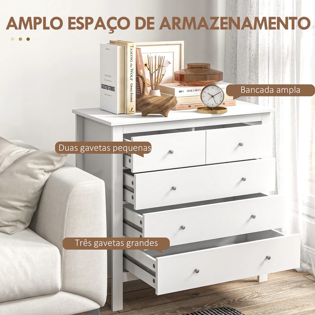 Cómoda com 5 Gavetas com Pés Elevados para Sala e Escritório Estilo Moderno 79x39,5x80,5 cm Branco