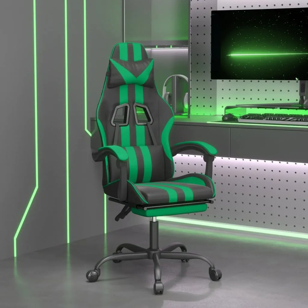 vidaXL Cadeira gaming giratória c/ apoio pés couro artif. preto/verde