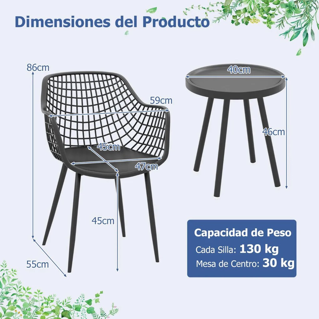 Conjunto de jardim de 3 peças 2 cadeiras Bistro e mesa de apoio PP Metal Stand Conjunto de mobiliário de exterior para interior Preto