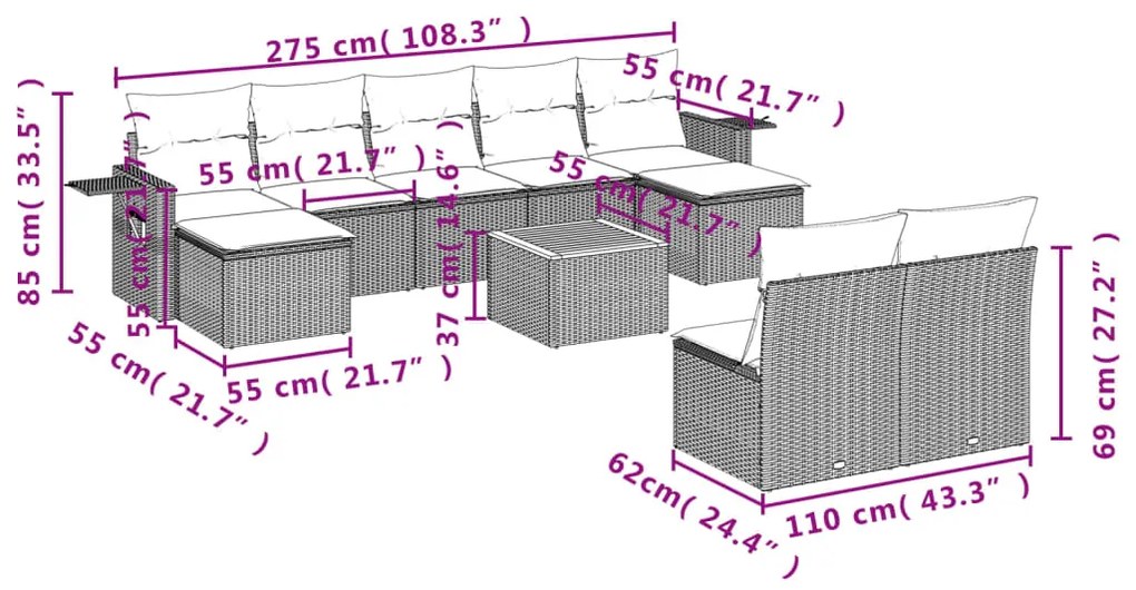 10 pcs conjunto sofás de jardim c/ almofadões vime PE preto