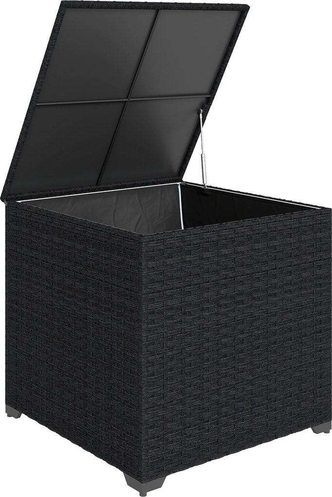 Outsunny Baú de Armazenamento Exterior de Ratã de 253 L com Vara Hidráulica Forro com Fecho e Estrutura de Aço Preto | Aosom Portugal