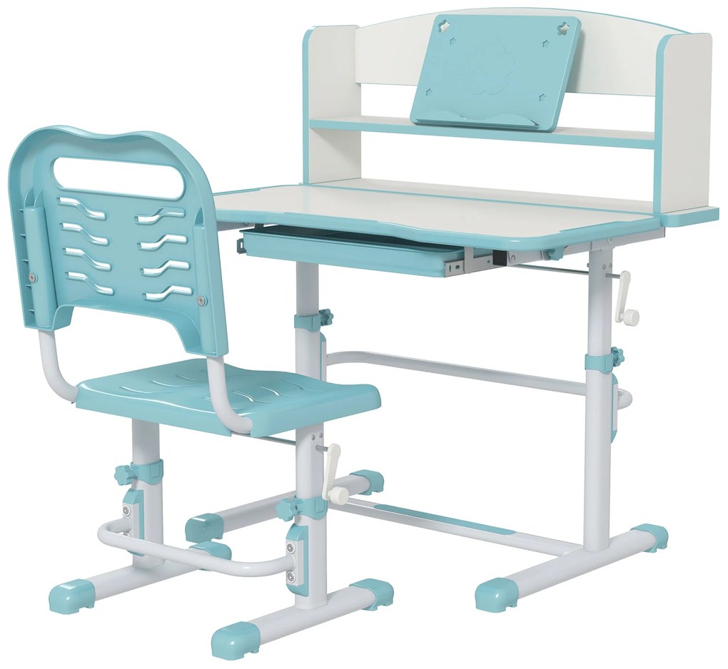 ZONEKIZ Conjunto de Secretária e Cadeira para Crianças com Altura Ajustável e Ângulo da Mesa Ajustável 80x54,5x82-104 cm Azul | Aosom Portugal