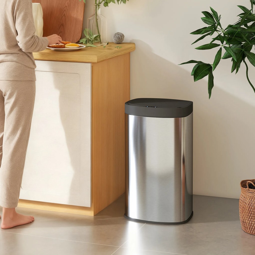 Caixote do lixo automático para cozinha de 55 L em aço inoxidável, com tampa de fecho suave, 38 x 28,5 x 69 cm, prateado