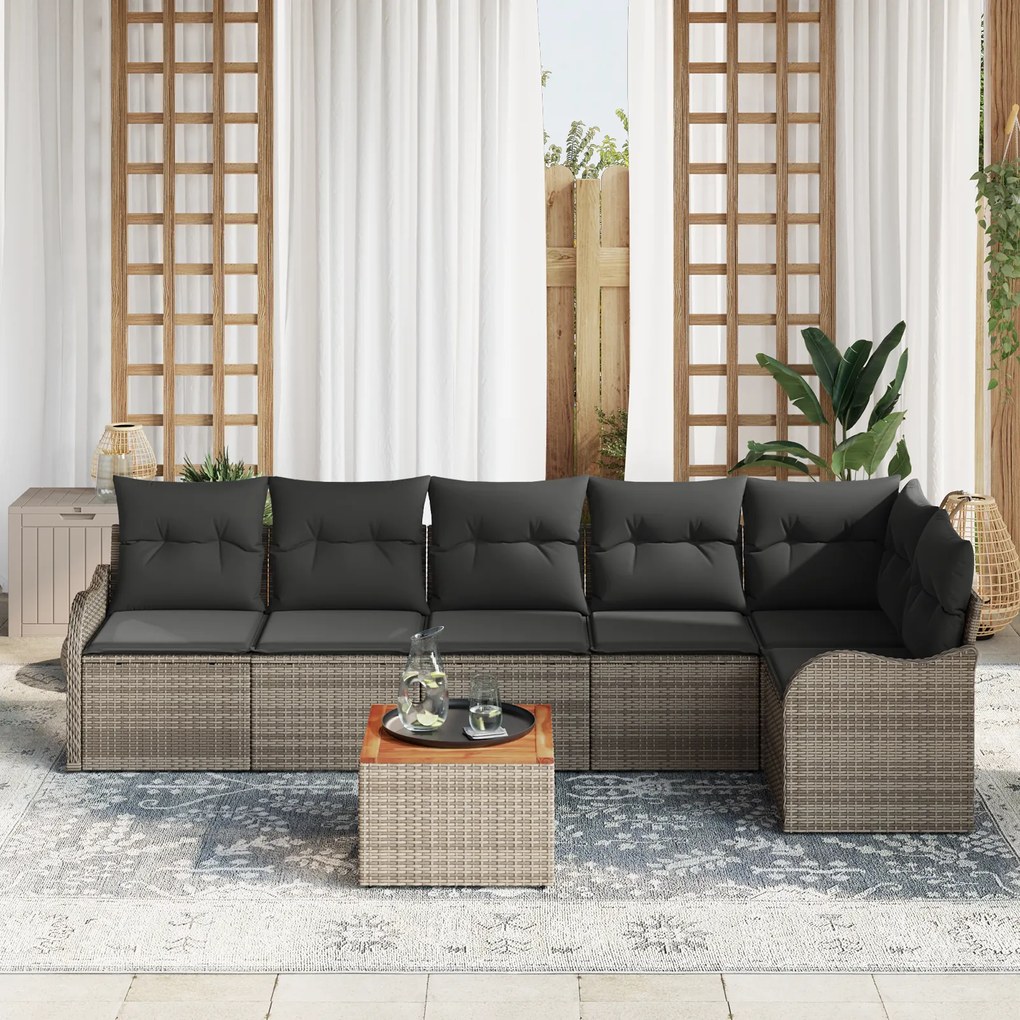 Conjunto de Sofá de Jardim de 7 Peças com Almofadas Cinza Vime Sintéti