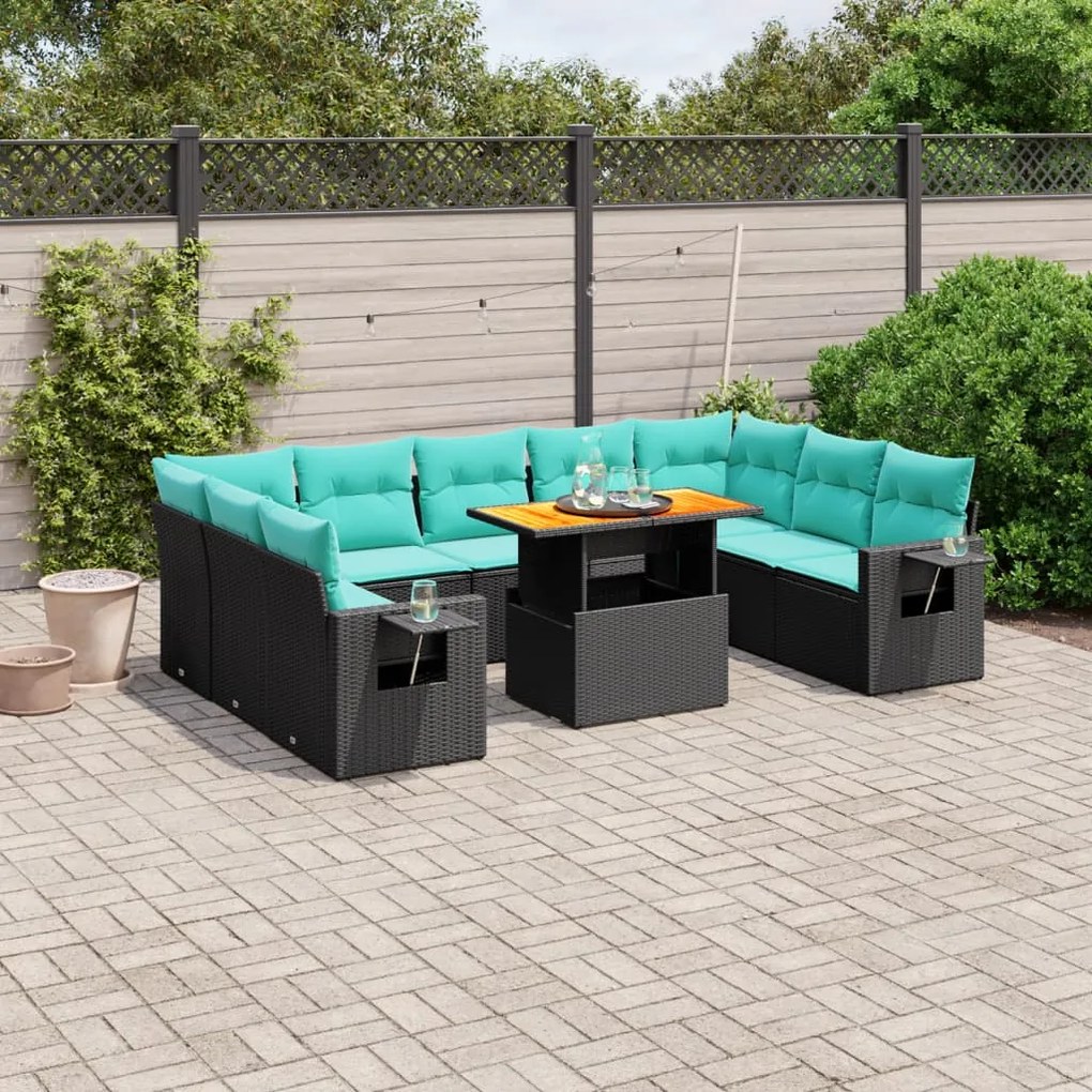 vidaXL 10 pcs conjunto de sofás p/ jardim c/ almofadões vime PE preto