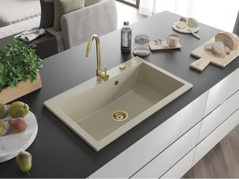 Mexen Elix lava-loiça de granito de 1 bacia 800 x 500 mm, bege, sifão dourado - 6527801005-69-G