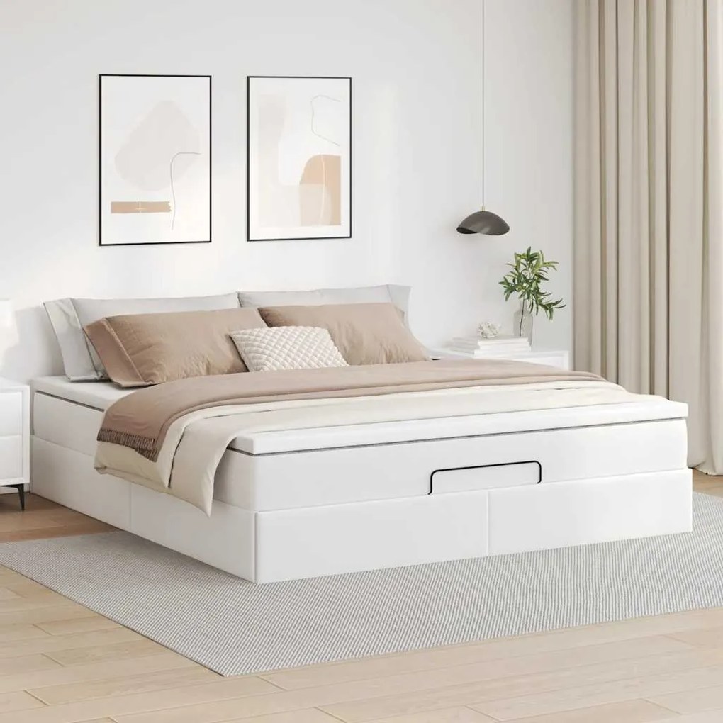 Estrutura de cama otomana com colchão branco couro falso